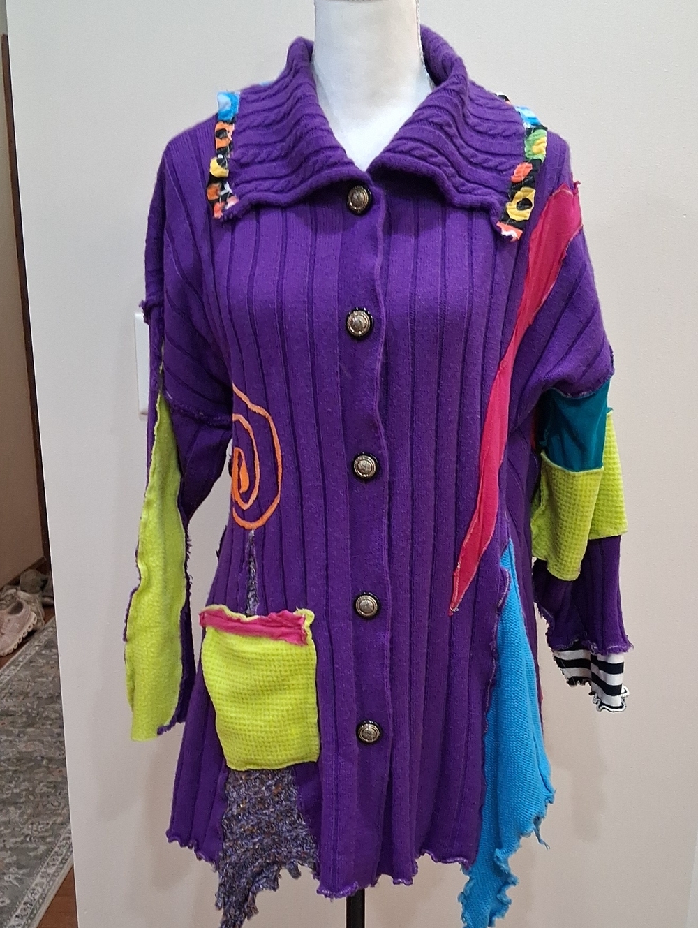 Vintage MONA! Handcrafted Wearable Art Upcycled Patchwork Cardigan L/XL OOAK